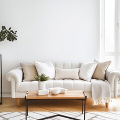 A Stylish and Modern Living Room Featuring a Cozy Couch With Charming Natural Elements. Blank white empty wall mockup