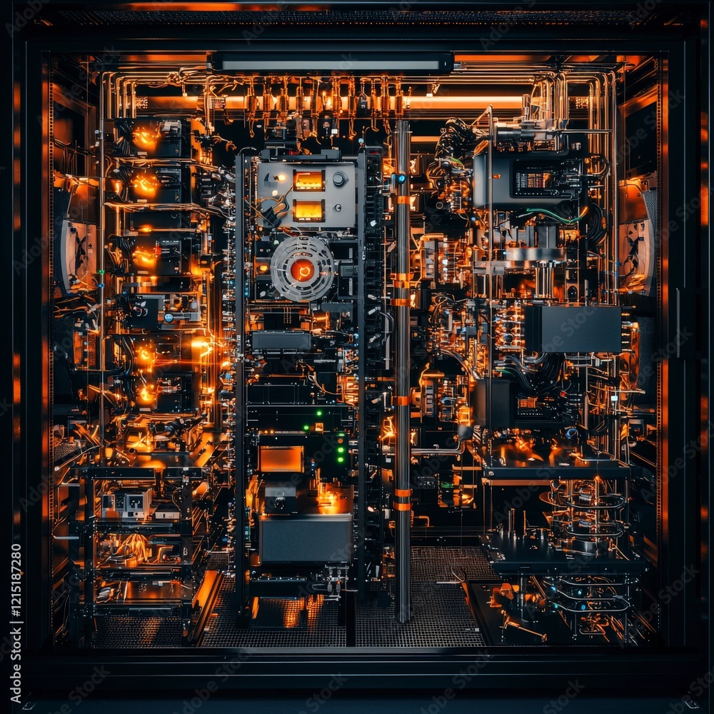 Poster a close-up view of a high-tech computer system showcasing intricate circuits and glowing components 