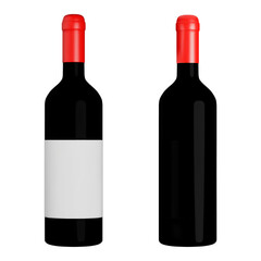 3d realistic wine bottle black color with a red stopper. Stock vector illustration on isolated background.