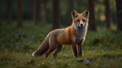 Fototapeta premium Red Fox hunting, Vulpes vulpes, wildlife scene from Europe. Orange fur coat animal in the nature habitat. Fox on the green forest meadow.