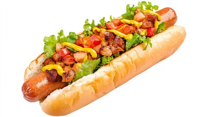 Delicious Grilled Hot Dog with Toppings and Mustard on White Background