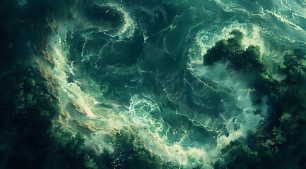 Dramatic aerial view of turbulent ocean waves in deep emerald green tones, perfect for nature backgrounds, environmental themes, or marine-themed designs and layouts.