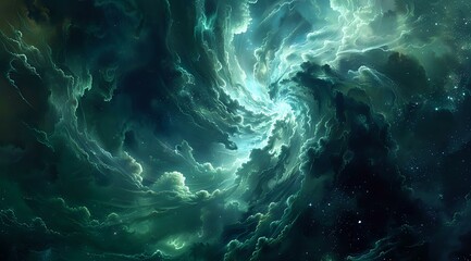 Mesmerizing turquoise nebula in deep space with swirling cosmic clouds and ethereal light effects, perfect for science fiction artwork, book covers, and astronomical designs.