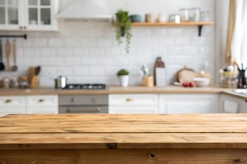 Wooden Desk with Free Space and Blurred Kitchen Interior – Perfect for Product Mockups