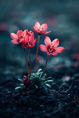 Beautiful pink wildflowers blooming in dark moody garden setting with shallow depth of field. Perfect for nature photography, greeting cards and romantic wall art designs.