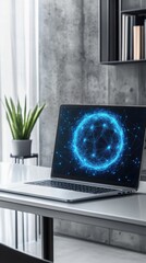 Modern Workplace: Laptop Displaying a Futuristic Network on a Desk