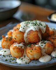 Crispy pan-seared scallops drizzled with creamy white sauce and garnished with fresh chives, served on a light gray plate. Perfect for gourmet seafood menu photography.
