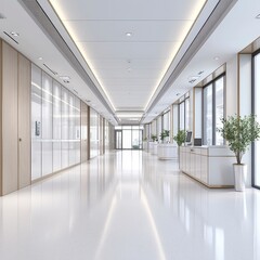 A modern and sleek hallway in a contemporary office space, featuring glass walls and minimalistic design elements.