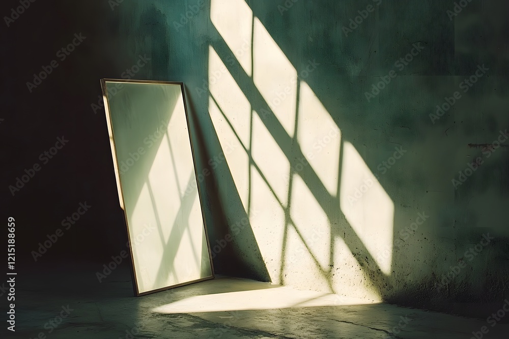 Poster Sunlight Illuminates Empty Room with Leanng Large Blank Canvas or Mirror
