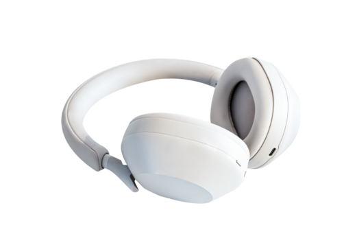 Headphones isolated. White Wireless headset on background,Element object for new technology or Trendy minimal music device for advertising or product catalog banner