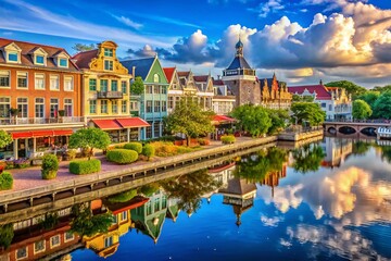 Naklejka premium Panoramic Batavia Cityscape: Historic Dutch Colonial Architecture & Canals