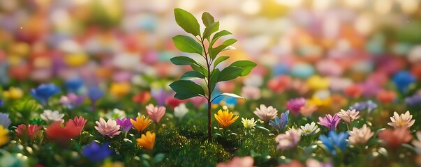 A budding sapling planted in the middle of a colorful flower garden advocating eco-love