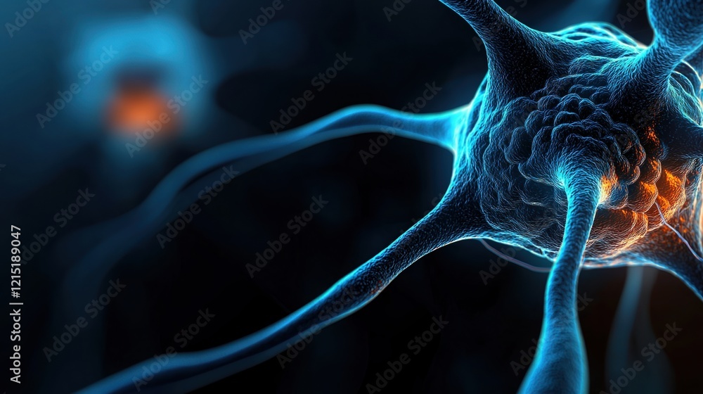 Poster nerve cell structure in blue depicting synapses and neuron connections within the brain