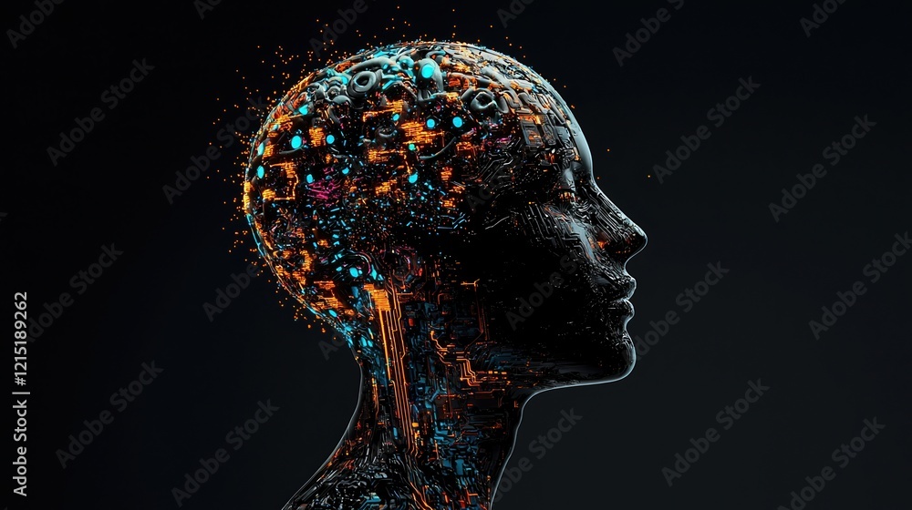 Poster tech brain illustration on a black background showcasing intricate digital circuitry and glowing ele