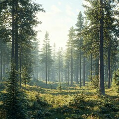 Obraz premium A serene forest landscape with tall trees and lush greenery, inviting tranquility and harmony with nature.