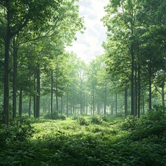 Fototapeta premium A serene forest landscape with lush greenery, sunlight filtering through the trees, creating a peaceful natural oasis.