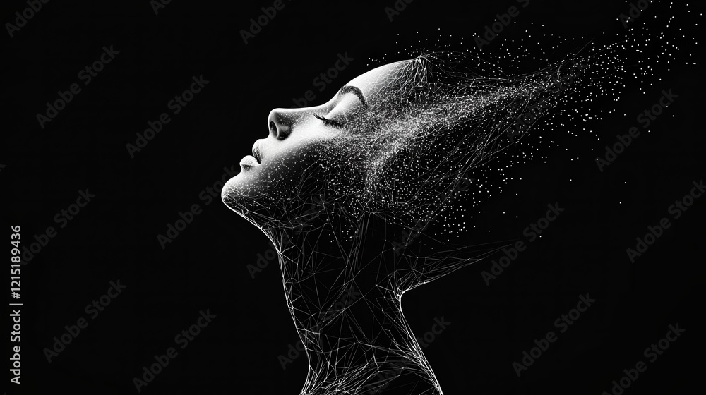 Poster exquisite abstract girl logo in neuro polygonal style created with lines and particles showcasing a 