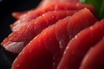 Close-up of Freshly Sliced Raw Tuna Sashimi on a Dark Plate, Showcasing the Vibrant Red Color and Smooth Texture of the Fish