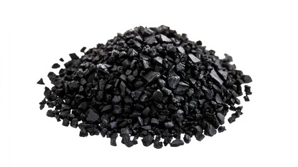 Black Crushed Granules Piled on White Background in Studio Lighting