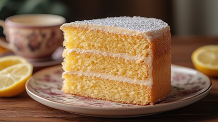 Lemon cake slice, tea, wood table, dessert (1)