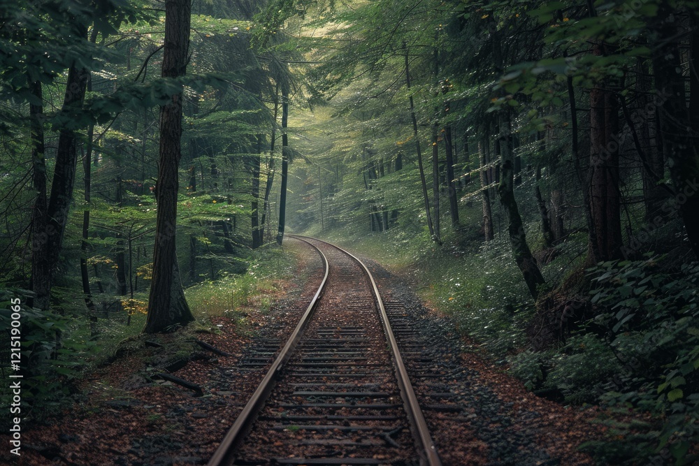Poster scenic view of railroad tracks disappearing into a foggy forest, creating a mysterious and adventuro