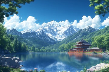 Fototapeta premium Serene mountain lake temple scene.