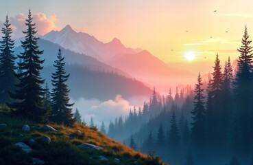 Obraz premium Scenic mountain landscape at sunrise or sunset. Misty valley with pine trees. Colorful sky. Calm and peaceful scene. Nature lovers will enjoy this image.