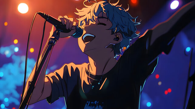 cool anime guy rockstar a super star singing concert