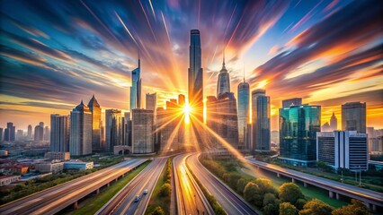 Fototapeta premium Panoramic City Skyline at Sunrise, Long Exposure Photography, Modern Architecture, Urban Landscape, Skyscrapers