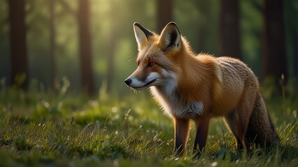 Red Fox hunting, Vulpes vulpes, wildlife scene from Europe. Orange fur coat animal in the nature habitat. Fox on the green forest meadow.