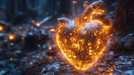 Glowing cyber heart in dark forest