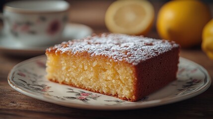 Lemon cake slice, teacup, rustic wood