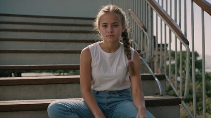 Image features a young girl sitting on a wooden staircase with metal railings. She has light skin and long, light brown hair tied back. She is wearing a white sleeveless top, blue jeans, and white soc