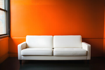 a sleek white sofa with orange background