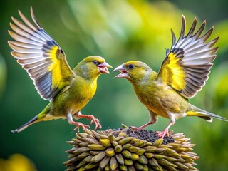 Fototapeta premium Panoramic Close-up: Greenfinches Fighting Over Sunflower Seeds at Bird Feeder