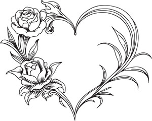 A vintage heart with intricate floral rose and lily details and soft, ornate linework silhouette, background with flowers
