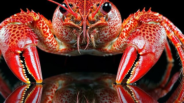 Brightly colored crawfish showing detailed features against a dark background in a close-up view