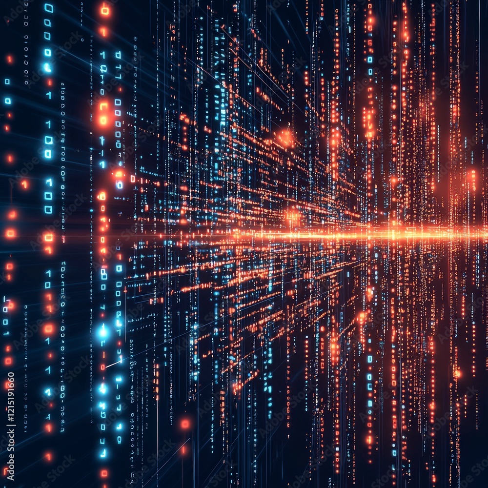 Poster digital data flow represented by binary code in vibrant blue and red colors, symbolizing technology 