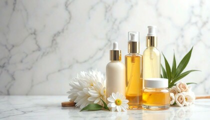 Elegant Natural Skincare Products on White Marble