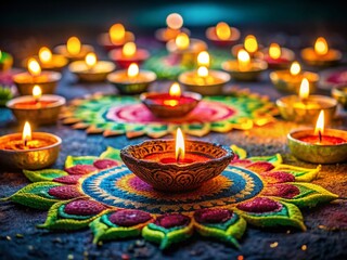 Panoramic Diwali: Colorful Diya Lamps & Rangoli Designs in the Night