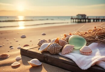 summer beach by the sea in 60s style, macro photography, shells and sand