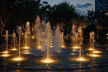 Water fountains illuminated at night in a city park, creating a magical atmosphere