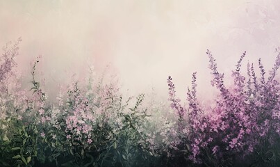 Fototapeta premium Flowering purple plants reach up, soft pastel background.