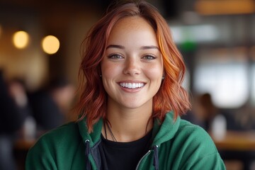 Fototapeta premium Smiling young woman with stylish hair engages warmly in a cozy cafe setting