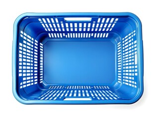 A blue plastic shopping basket or container with a handle on white background top view