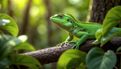Fototapeta premium Sunbathing Green Anole in Virgin Islands Forest