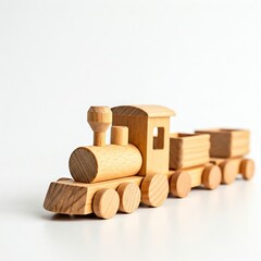 Unpainted wooden train toy on a white isolated background with space for text. Ideal for eco-friendly product ads, children's catalogs, or sustainable project campaigns.