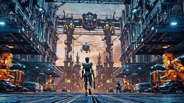 Cybernetic Humanoids amidst Futuristic Cityscape, Blending Organic and Mechanical Elements, Illuminated by Prominent Lighting