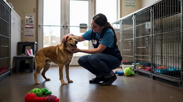 Woman kneeling and petting a dog in an animal shelter surrounded by toys and cages, symbolizing care, compassion, and animal rescue