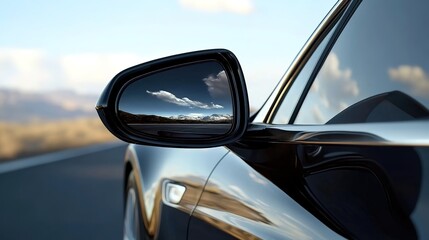 Fototapeta premium Close-up of the side mirror on an electric car, reflecting the road and sky in clear detail.